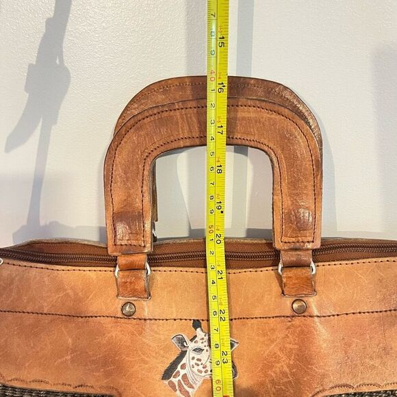 Vintage African Sisal Market Woven Bag Leather Handles & Strap Painted Giraffe - Picture 5 of 11